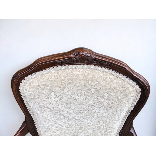 37 - A PAIR OF CARVED ROSEWOOD CARVER CHAIRS. UPHOLSTERED IN A CHAMPAGNE PATTERN VELVET. CARVED FOLIATE D... 