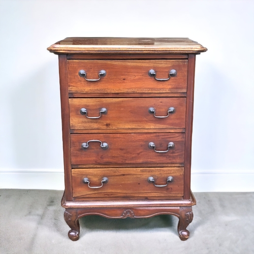 41 - A VINTAGE, NARROW FOUR-DRAWER CHEST OF DRAWERS. WITH CARVED BASE ON SHORT BALL FEET.