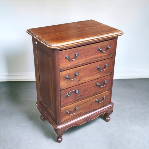 41 - A VINTAGE, NARROW FOUR-DRAWER CHEST OF DRAWERS. WITH CARVED BASE ON SHORT BALL FEET.