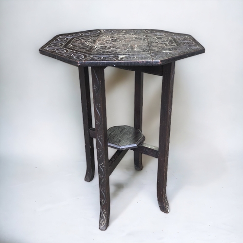 42 - A 19TH CENTURY CARVED OAK GOTHIC DROP-LEAF SIDE TABLE. 
HEIGHT - 59.5CM