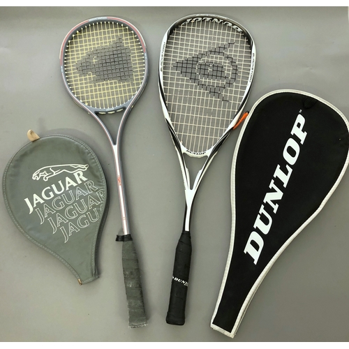 471 - A DUNLOP SQUASH RACKET TOGETHER WITH ANOTHER JAGUAR EXAMPLE.