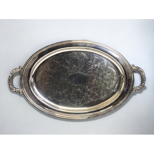 477 - A LARGE ENGRAVED ONEIDA SILVER PLATE HANDLES TRAY.