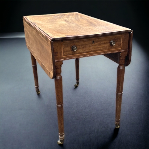 52 - A GEORGE III INLAID SINGLE DRAWER BABY PEMBROKE TABLE.