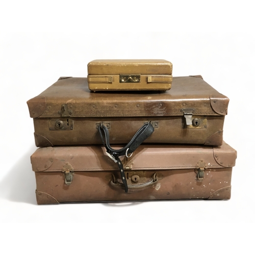 78 - ANTIQUE LEATHER TRAVEL WRITING CASE, TOGETHER WITH TWO VINTAGE SUITCASES.