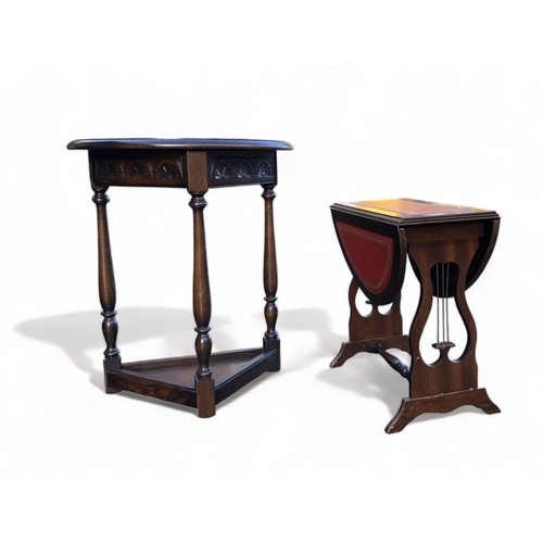 59 - A VINTAGE CARVED DEMI-LUNE OCCASIONAL TABLE TOGETHER WITH A DROP-LEAF PEMBROKE TABLE.