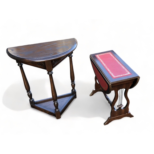 59 - A VINTAGE CARVED DEMI-LUNE OCCASIONAL TABLE TOGETHER WITH A DROP-LEAF PEMBROKE TABLE.