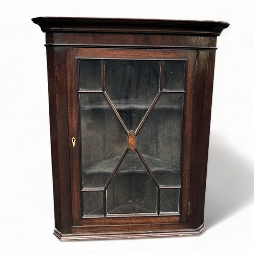 66 - A VICTORIAN INLAID MAHOGANY GLAZED WALL CORNER CUPBOARD.