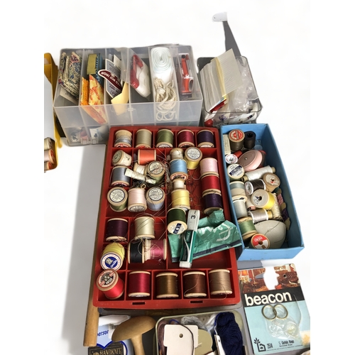 501 - A MASSIVE COLLECTION OF SEWING AND HABERDASHERY PARAPHENALIA INCLUDING COTTON REELS, SCISSORS ETC ET... 