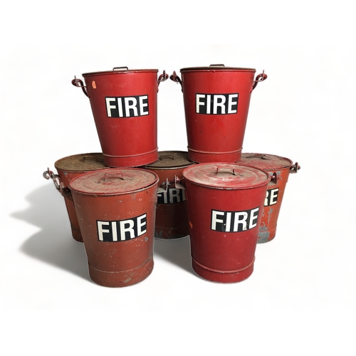 504 - A LOT OF 7 VINTAGE RED METAL FIRE BUCKETS WITH LIDS