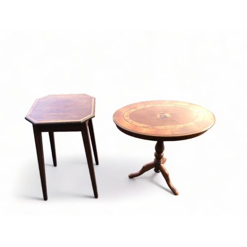 80 - A SMALL ANTIQUE SIDE TABLE AND INLAID WINE TABLE