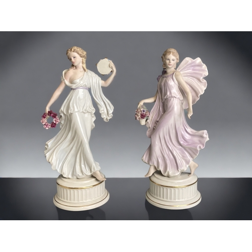 112 - TWO WEDGWOOD 'THE DANCING HOURS' FLORAL COLLECTION FIGURINES. 2ND & 3RD FIGURINES. 
HEIGHT - 25CM