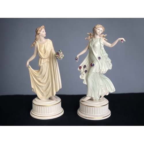 247 - TWO WEDGWOOD 'THE DANCING HOURS' FLORAL COLLECTION FIGURINES. 4TH & 5TH FIGURINES. 
HEIGHT - 25CM