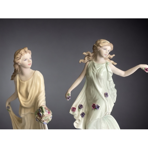 247 - TWO WEDGWOOD 'THE DANCING HOURS' FLORAL COLLECTION FIGURINES. 4TH & 5TH FIGURINES. 
HEIGHT - 25CM