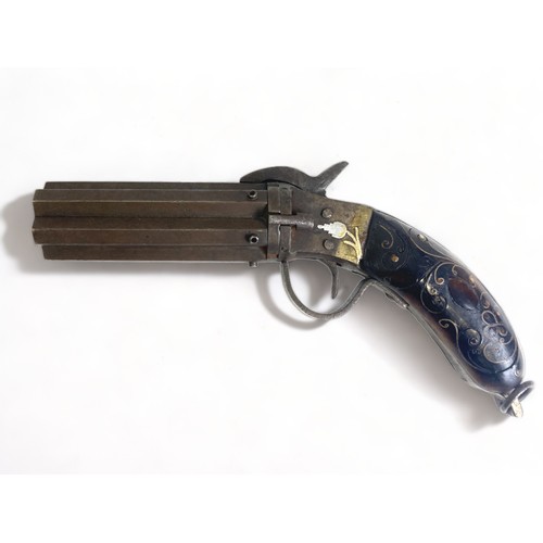 532 - U.S. MILITARY STYLE C.1840, SINGLE ACTION PEPPERBOX PISTOL WITH ORNATELY INLAID BOULEWORK AND WHITE ... 