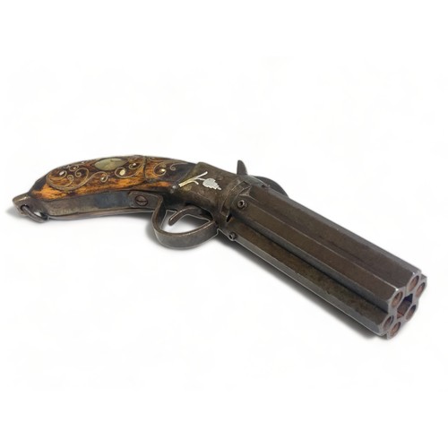 532 - U.S. MILITARY STYLE C.1840, SINGLE ACTION PEPPERBOX PISTOL WITH ORNATELY INLAID BOULEWORK AND WHITE ... 