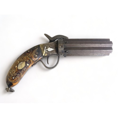 532 - U.S. MILITARY STYLE C.1840, SINGLE ACTION PEPPERBOX PISTOL WITH ORNATELY INLAID BOULEWORK AND WHITE ... 