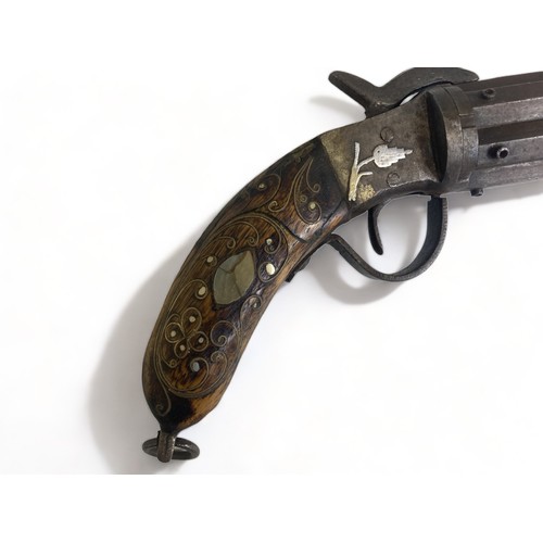 532 - U.S. MILITARY STYLE C.1840, SINGLE ACTION PEPPERBOX PISTOL WITH ORNATELY INLAID BOULEWORK AND WHITE ... 