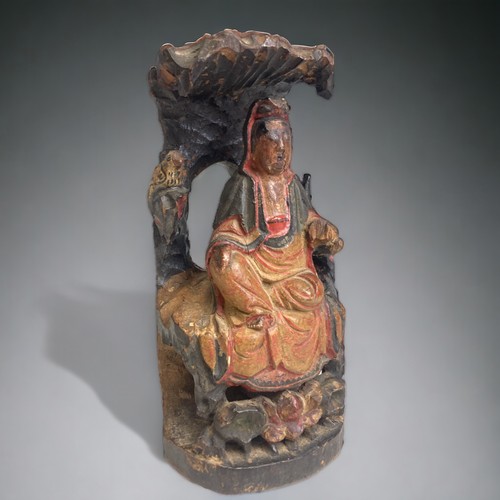 2 - QING DYNASTY CHINESE POLYCHROMATIC CARVED WOOD SPIRITUAL FIGURE OF ‘NANHAI GUANYIN BODHISATTVA’ IN “... 