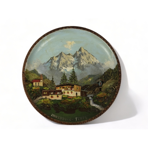 116 - A COLLECTION OF VINTAGE SWISS SOUVENIRS. INCLUDING A 'ST MORITZ' HORN AND HAND PAINTED WALL PLATE.