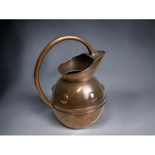 543 - TWO 19TH CENTURY CHRISTOPHER DRESSER ATTRIBUTED COPPER WATER JUGS. BY HENRY LOVERIDGE.  CIRCA 1885. ... 