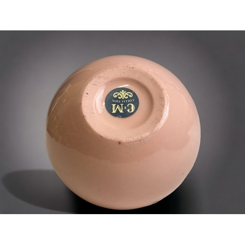 554 - A 19TH CENTURY PORCELAIN GLOBULAR FORM VASE. BABY PINK GROUND WITH GILT OVERLAY DESIGN. 
HEIGHT - 10... 