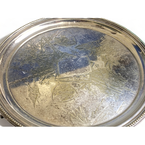 566 - A VICTORIAN SILVER PLATE TRAY AND MILK JUG. DECORATED WITH CHRISTOPHER DRESSER TYPE 'JAPONESQUE' DES... 