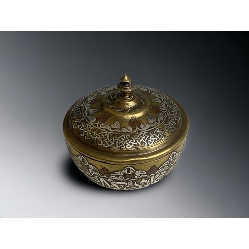 692 - A Persian 19th century Mamluk inlaid silver & copper brass lidded bowl. 
Possibly Syrian.
11.5 x 12 ... 