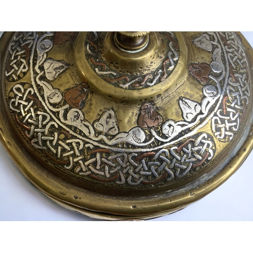 692 - A Persian 19th century Mamluk inlaid silver & copper brass lidded bowl. 
Possibly Syrian.
11.5 x 12 ... 