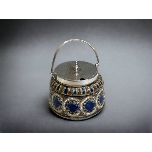 611 - a 19th century Doulton Lambeth Sugar bowl. With Hukin & Heath sterling silver rim, lid & handle. 
Ma... 