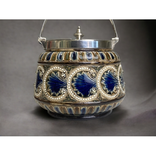 611 - a 19th century Doulton Lambeth Sugar bowl. With Hukin & Heath sterling silver rim, lid & handle. 
Ma... 