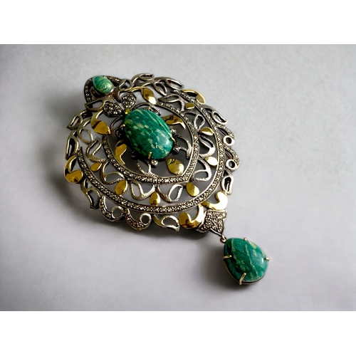 591 - An 18 carat gold, Diamond & Amazonite set Indian Turban jewel (Sarpesh).  19th Century.
Mixed 18ct y... 