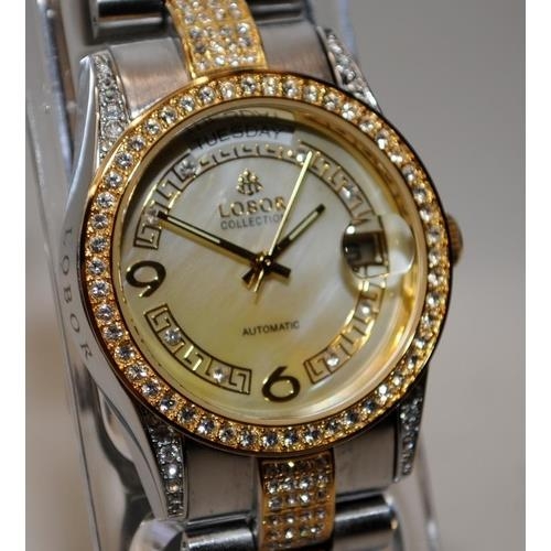 586 - Quality Lobor ladies mid size day/date automatic watch, MOP dial and jewelled bezel and bracelet. 36... 