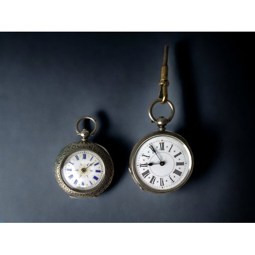 627 - Two 925 silver pocket watches with roman numeral faces set with enamel both key wound with a key req... 