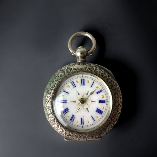 627 - Two 925 silver pocket watches with roman numeral faces set with enamel both key wound with a key req... 