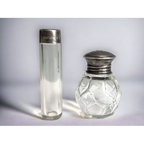 646 - A Large tapering cut glass silver mounted scent bottle, German 800 grade marks, together with four o... 