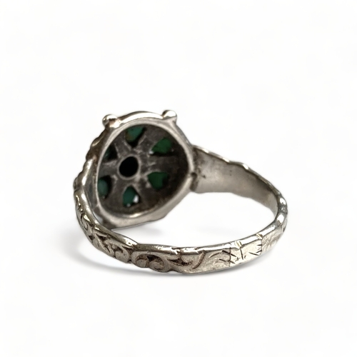 635 - An unusual silver and malachite cluster ring, possibly Chinese or Tibetan, size Q. 
Unmarked but tes... 