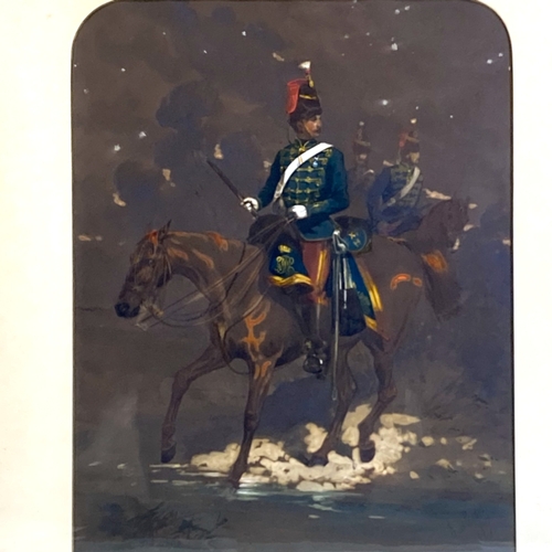 603 - Alfred F. De Prades, (British 1820-1890) watercolour.
Mounted 11th Hussars officer. 
Signed & dated ... 