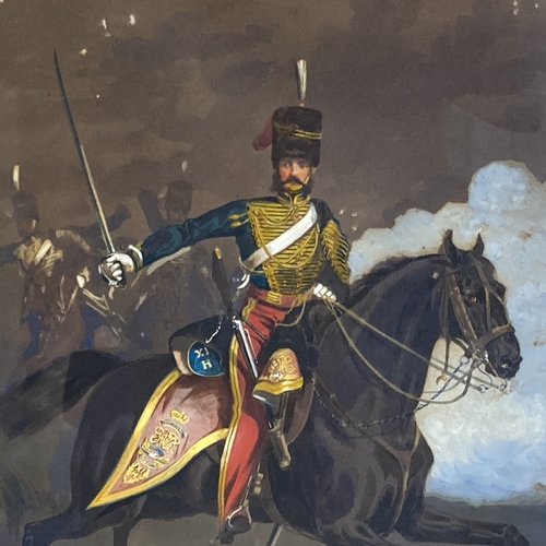 604 - Alfred F. De Prades, (British 1820-1890) watercolour.
Mounted 11th Hussars officer in battle. 
Signe... 