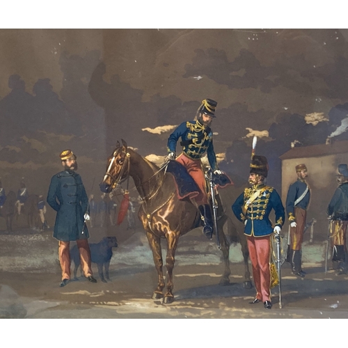 605 - Alfred F. De Prades, (British 1820-1890) watercolour.
Hussars officers and others scene.
Signed & da... 