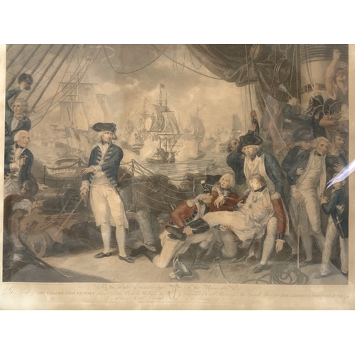 653 - A large gilt framed coloured lithograph.
'The battle of the Glorious first of June 1794'.
75 x 62 cm