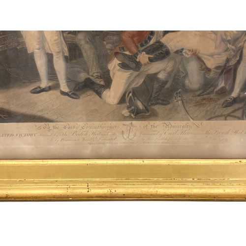 653 - A large gilt framed coloured lithograph.
'The battle of the Glorious first of June 1794'.
75 x 62 cm