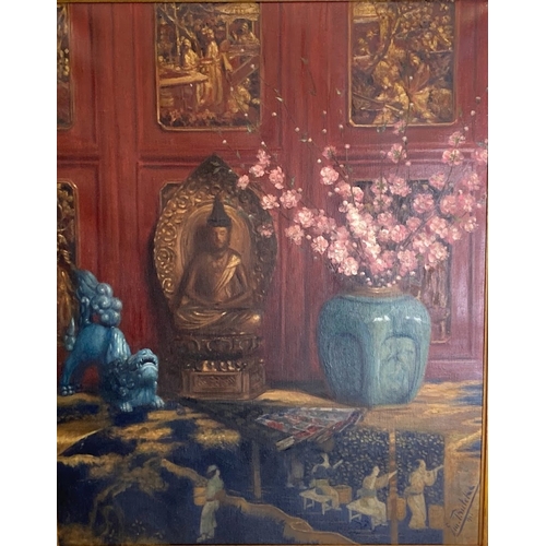 655 - Emile Bulcke, (Belgium, 1875-1963) large Oil on canvas.
Sill life scene depicting Chinese objects. I... 