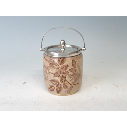 567 - A VICTORIAN H. WIGFULL JAR. BROWN & GILT PRINTED FOLIATE DESIGN.
HEIGHT - 15CM