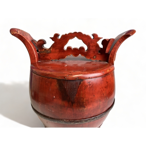 60 - A Chinese wood & red lacquer ware covered basket.
Height - 33cm