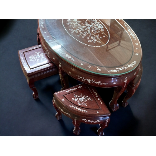 775 - A Chinese Rosewood 'Mother o pearl' inlaid coffee table & stools.