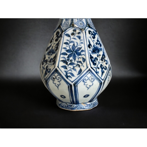 82 - A Yuan dynasty blue & white vase.
Pear shape, faceted octagonal form. Rising from a conforming foot ... 