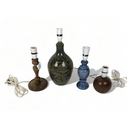 178 - FOUR VINTAGE TABLE LAMPS. INCLUDING STUDIO POTTERY AND WOODEN EXAMPLES.