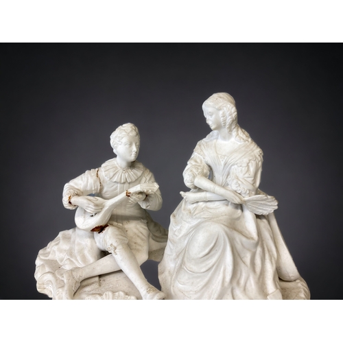 207 - A 19TH CENTURY BISCUIT PORCELAIN FIGURE GROUP, TOGETHER WITH A PARIAN RELIEF DECORATED JUG.