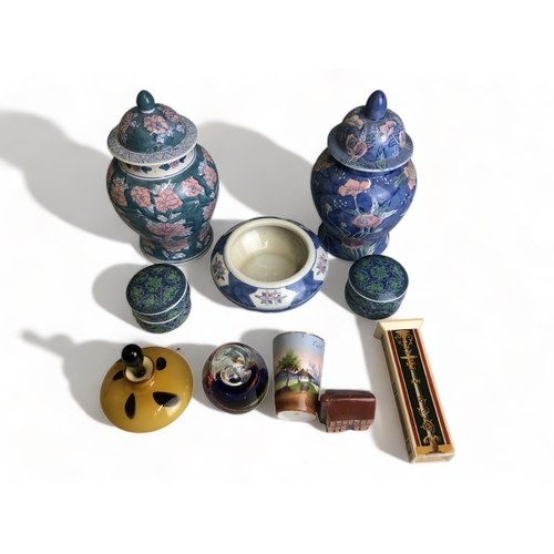 241 - An Art Glass Perfume bottle with Mixed Chinese and Japanese Ceramics, temple jars etc