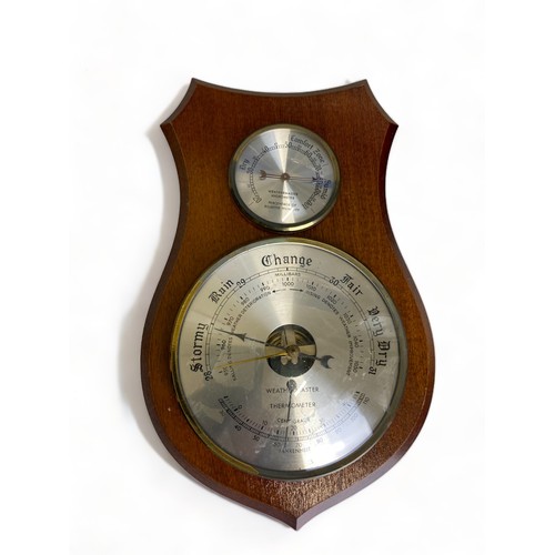 242 - A VINTAGE LUFFT BAROMETER AND THERMOMETER WITH ANOTHER AND A ENFIELD MANTEL CLOCK